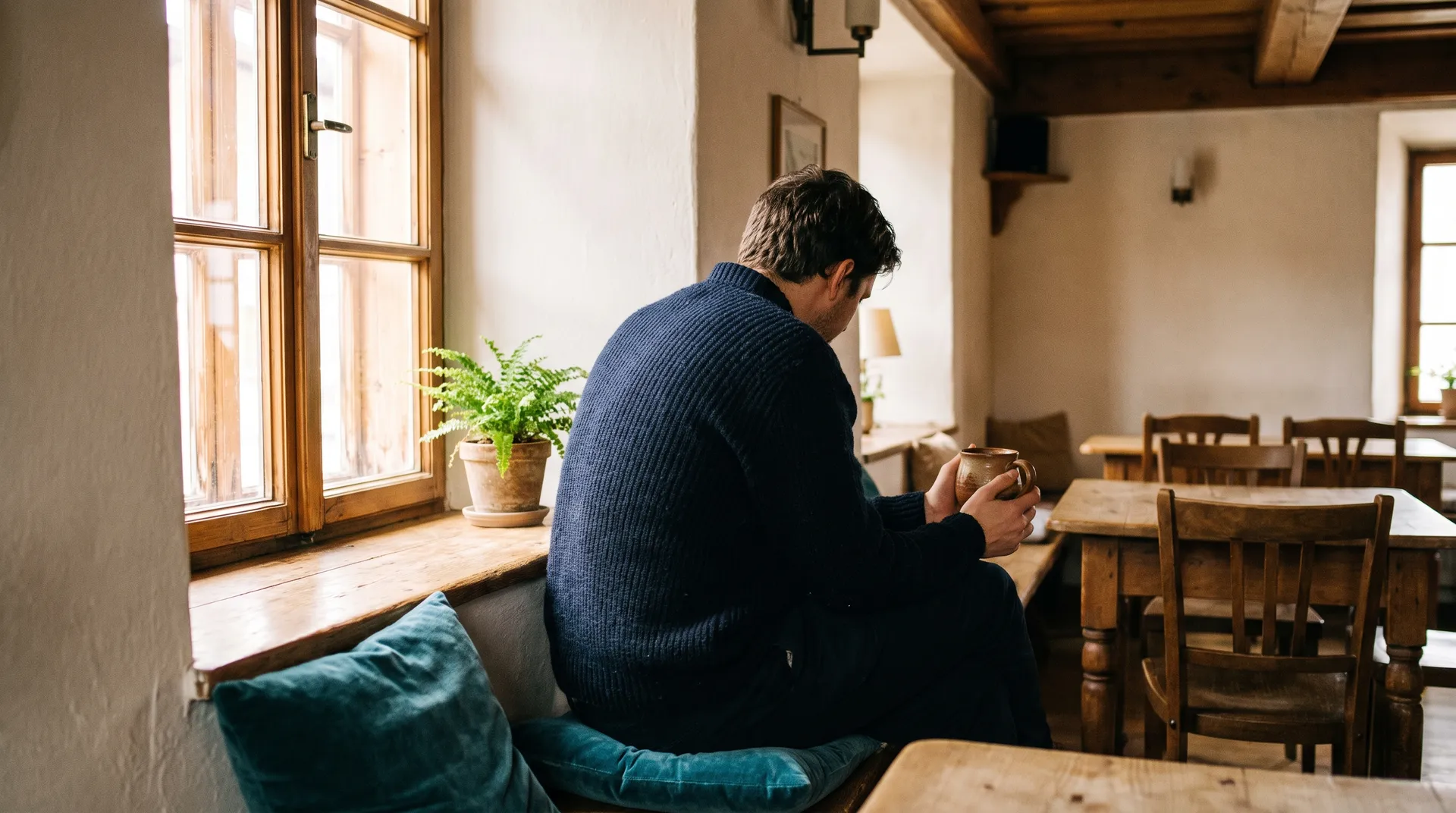 A person in a soft knit sweater sits by a tall window of a Bavarian guesthouse