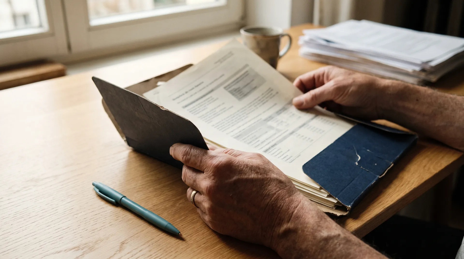 Close-up of hands holding an open navy folder with a few pages of unreadable printed results at a light oak desk