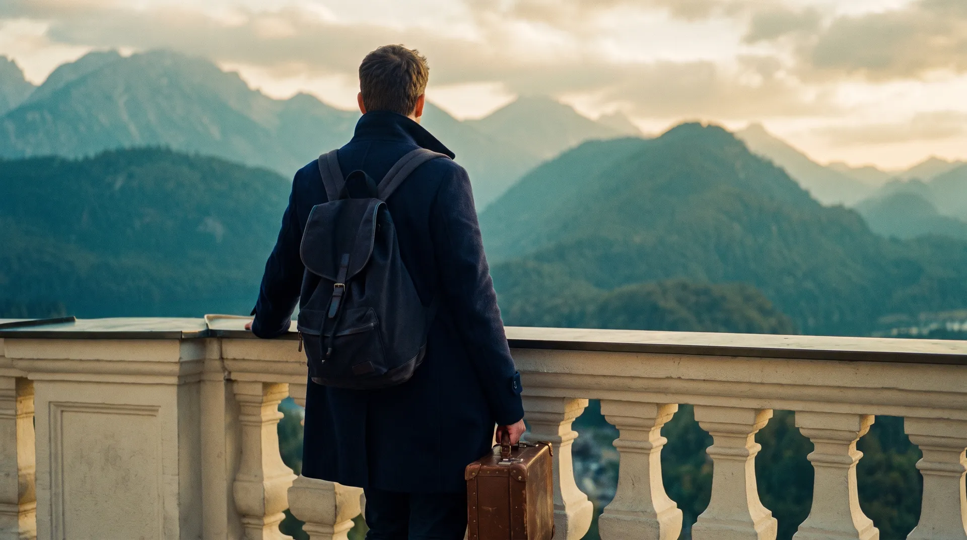 A traveller with a small suitcase standing on a terrace looking out toward the Alps