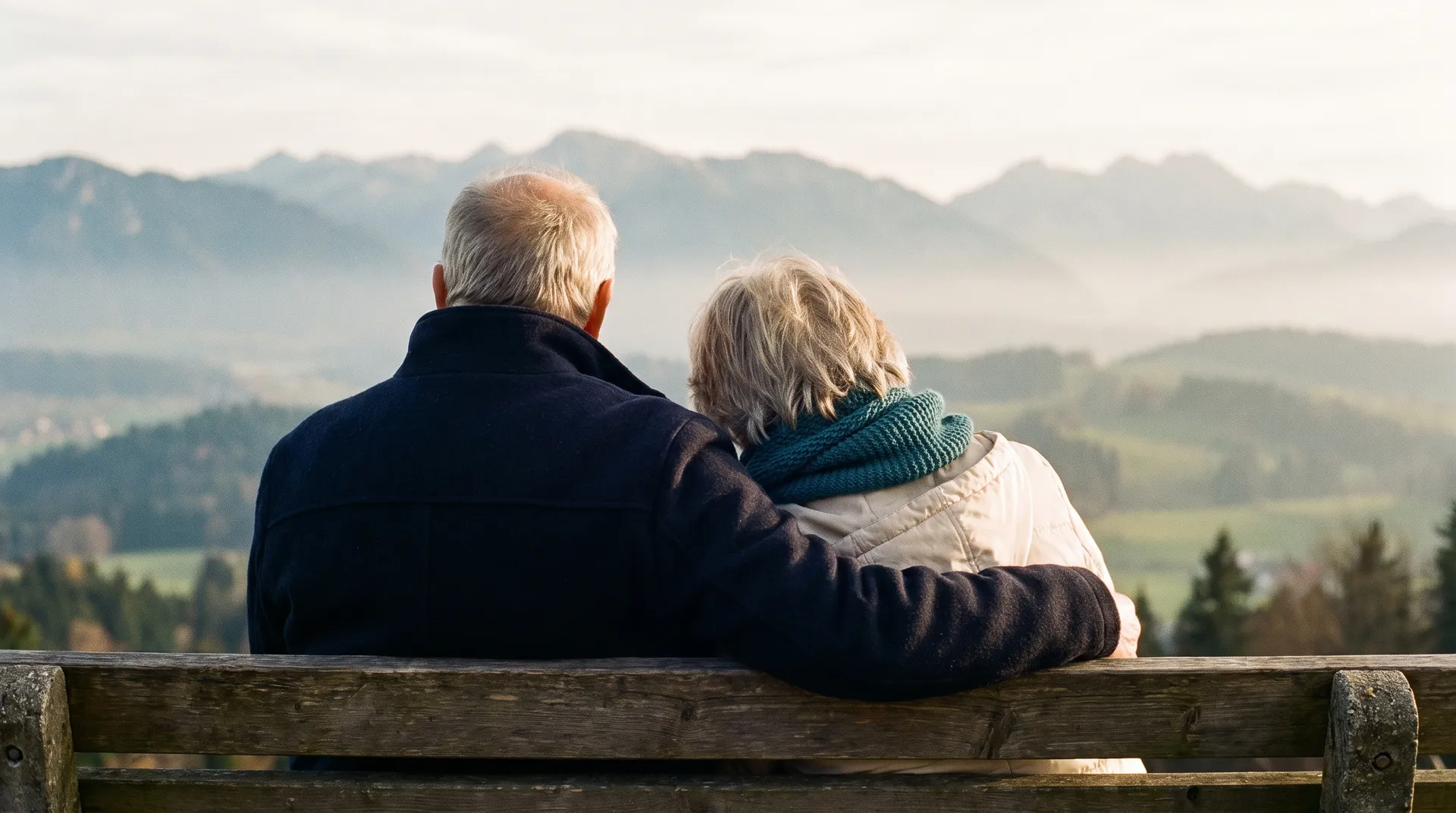 An older couple seen from behind on a wooden bench