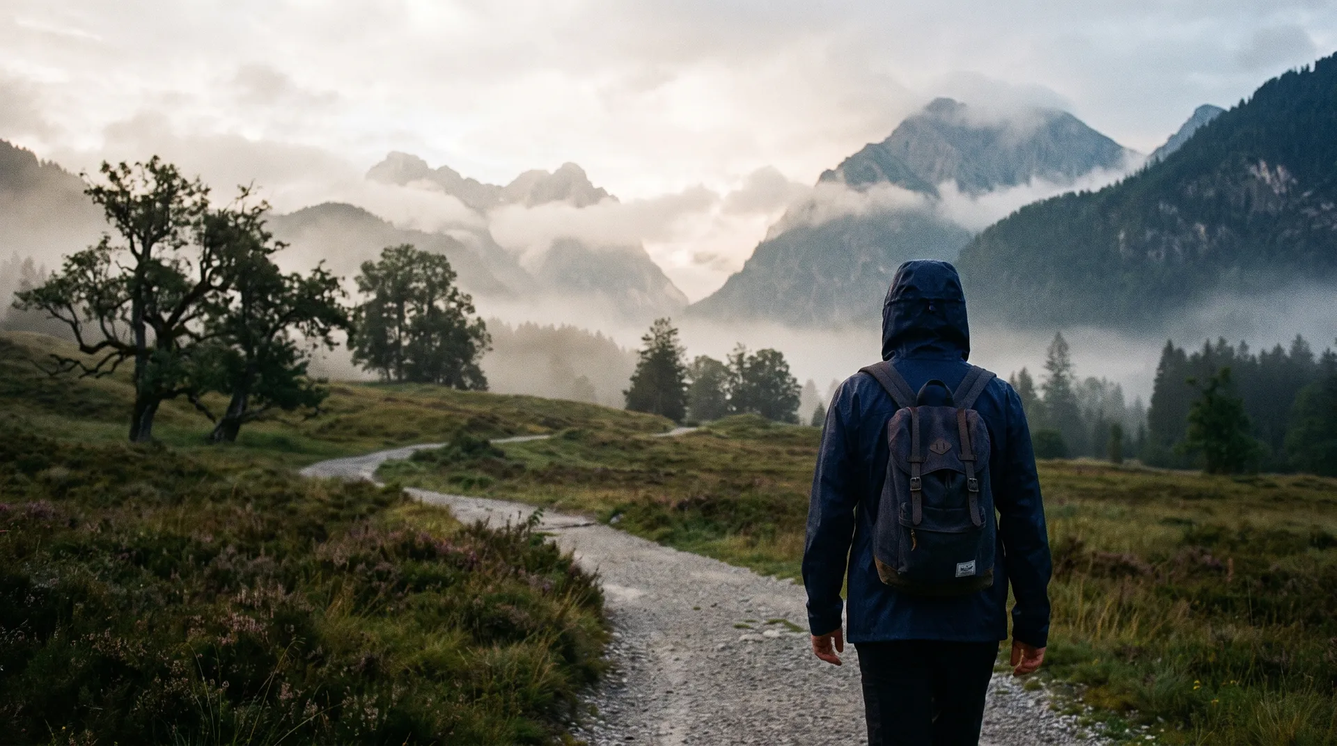 A person walking away along a gravel path through alpine foothills near Bad Aibling