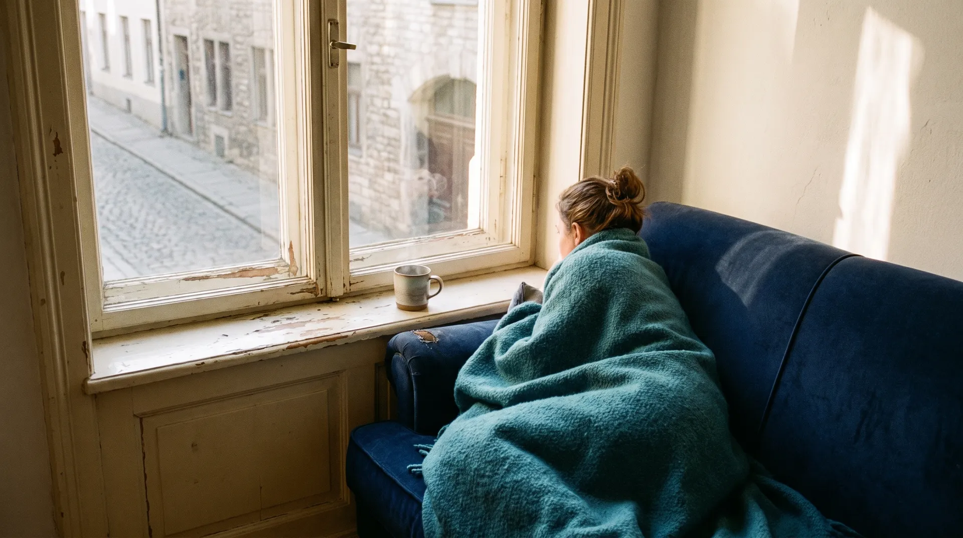 A person resting under a teal wool blanket on a sofa by a window