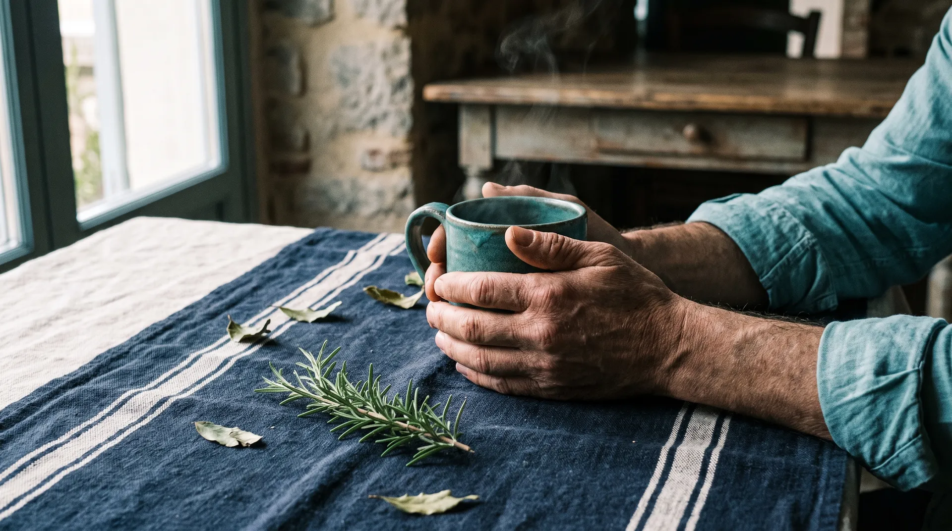Hands holding a warm cup of herbal tea over a linen tablecloth with a sprig of rosemary