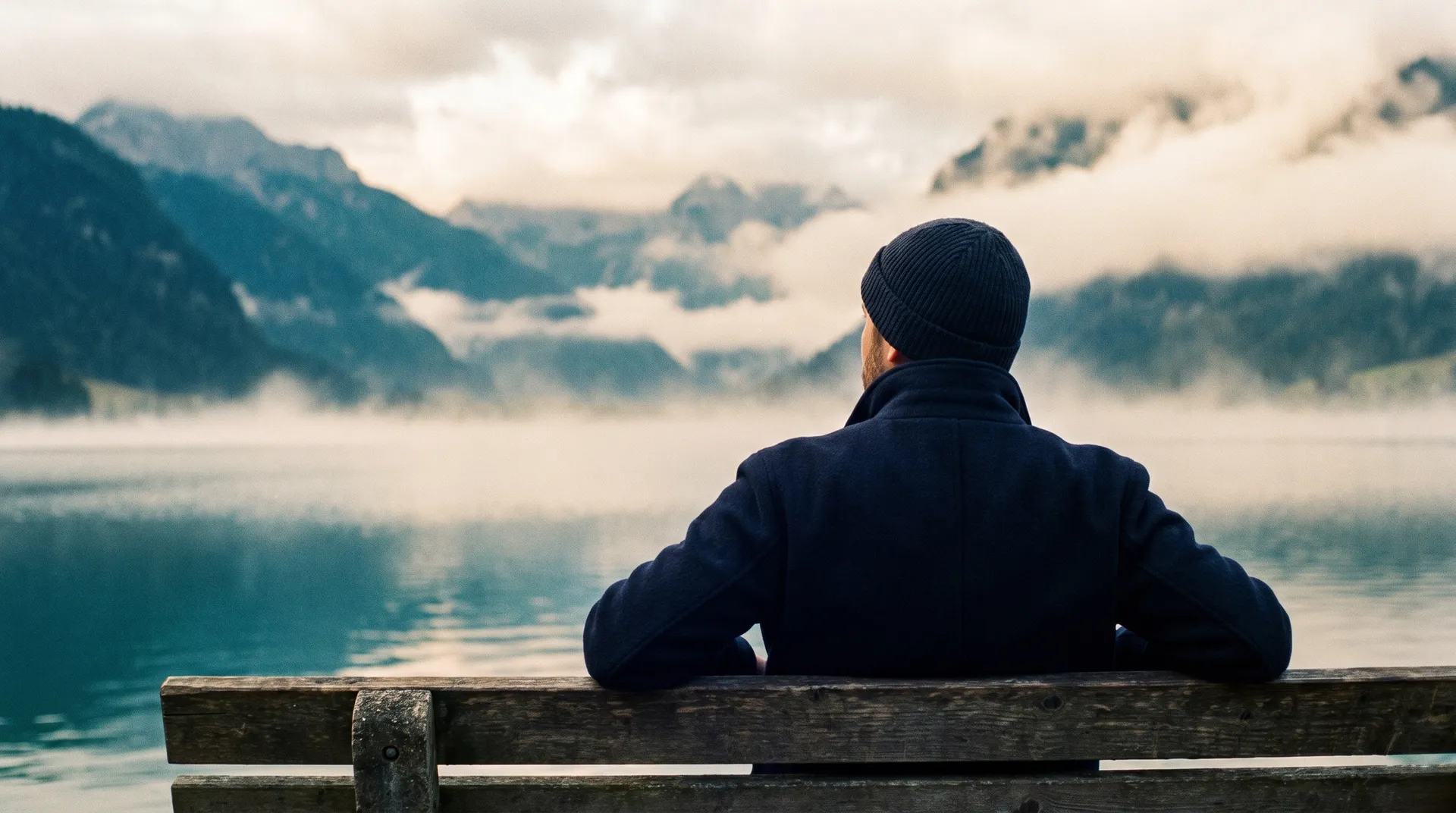 A middle-aged man seen from behind on a lakeside bench at a Bavarian lake