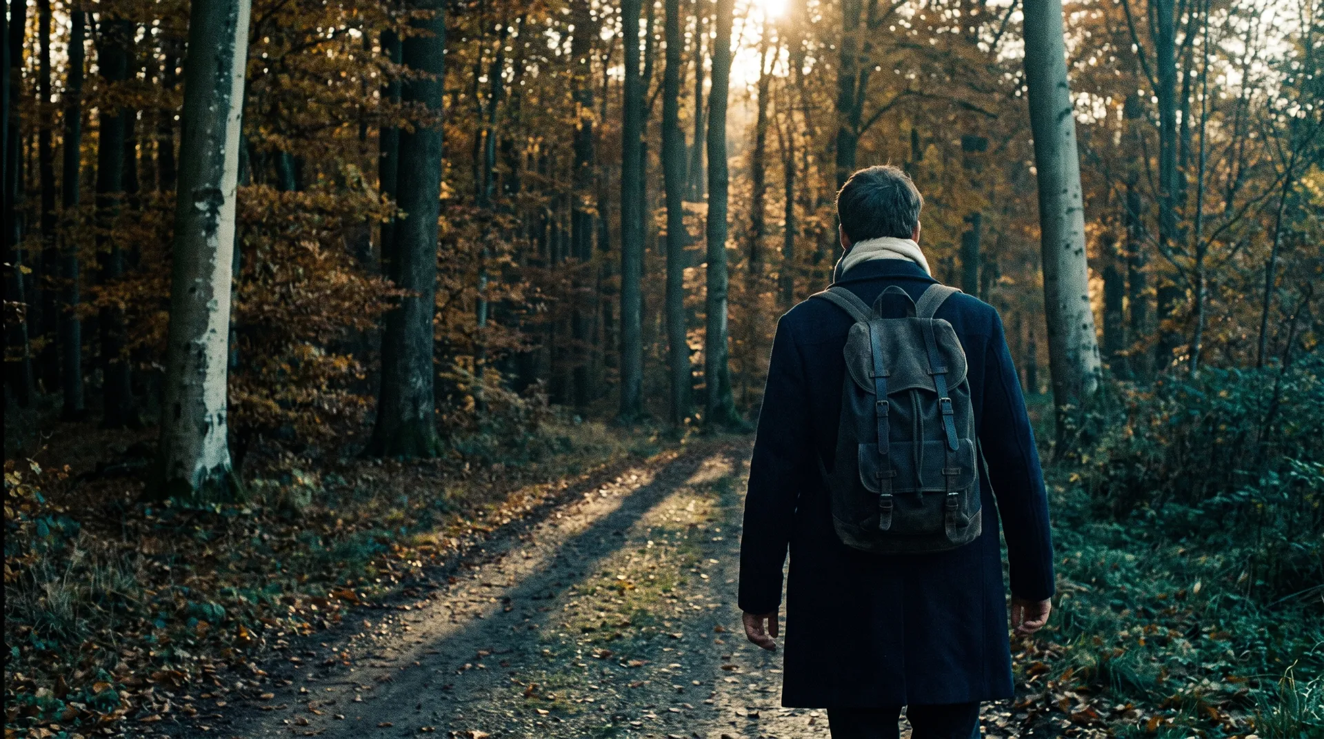 A person walking at the edge of a Bavarian beech forest in autumn
